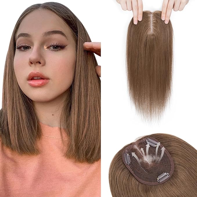 Hairro 100% Human Hair Topper No Bangs, Real Clip in Hair Hairpieces for Women, 3.94x4.72" Silk Base for Thinning Receding High Hairline, 12 Inch Medium Brown Middle Part