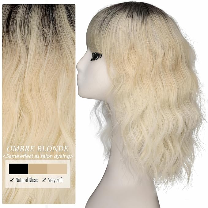 Nnzes Short Wavy Bob Wig with Bangs for Women Shoulder Length Curly Ombre Blonde Synthetic Heat-Resistant Fiber Hair for Daily & Party Use