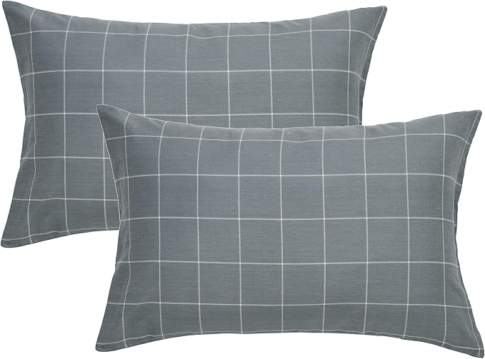 JELLYMONI 100% Natural Cotton Plaid Standard Pillowcases Set, 2 Pack Dark Gray with White Grid Geometric Pattern Printed Pillow Covers with Envelope Closure(Pillows are not Included)