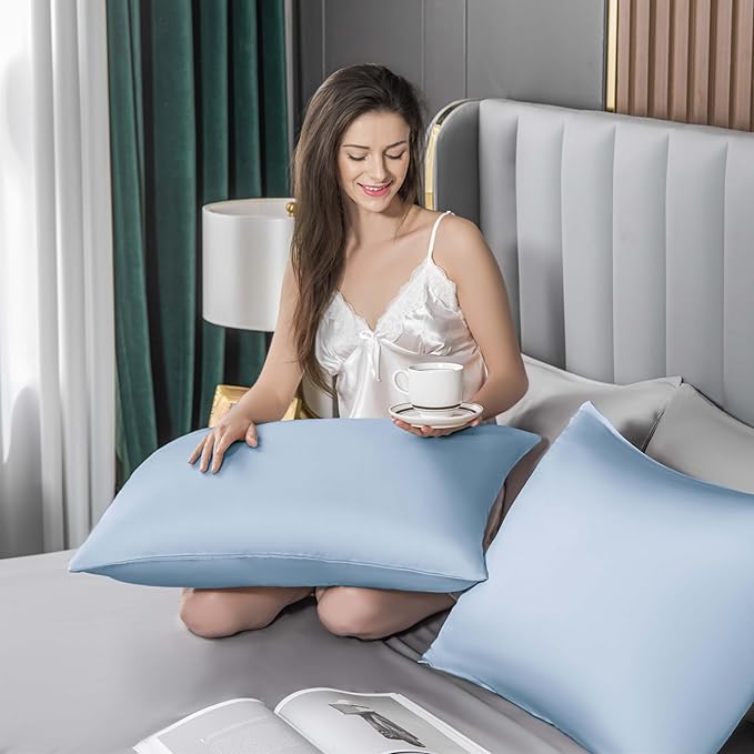Mulberry Silk Pillowcase for Hair and Skin,Cooling Silk Pillow Case with Hidden Zipper,Allergen Proof Dual Sides Soft Breathable Smooth Silk Pillow Cover for Women (Light Blue,Toddler)
