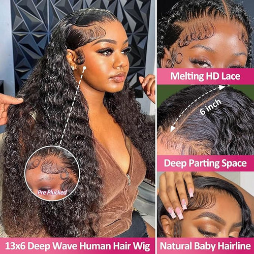 30 Inch Deep Wave Lace Front Wigs Human Hair 200 Density 13x6 HD Lace Frontal Wigs Human Hair Pre Plucked Curly Wig Wet and Wavy Lace Front Wigs Glueless Wig For Women
