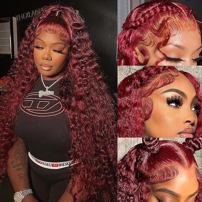 34 Inch 13x6 Burgundy Lace Front Wigs Human Hair Deep Wave Red Frontal Deep Wave HD Lace Front Wigs Human Hair Red Burgundy Wet Wavy 200 Density