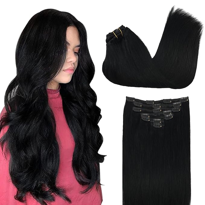 GOO GOO Clip in Hair Extensions Real Human Hair, Remy Human Hair Extensions Clip ins for Women, Natural Human Hair, 24inch 120g 7Pcs, 1 Jet black