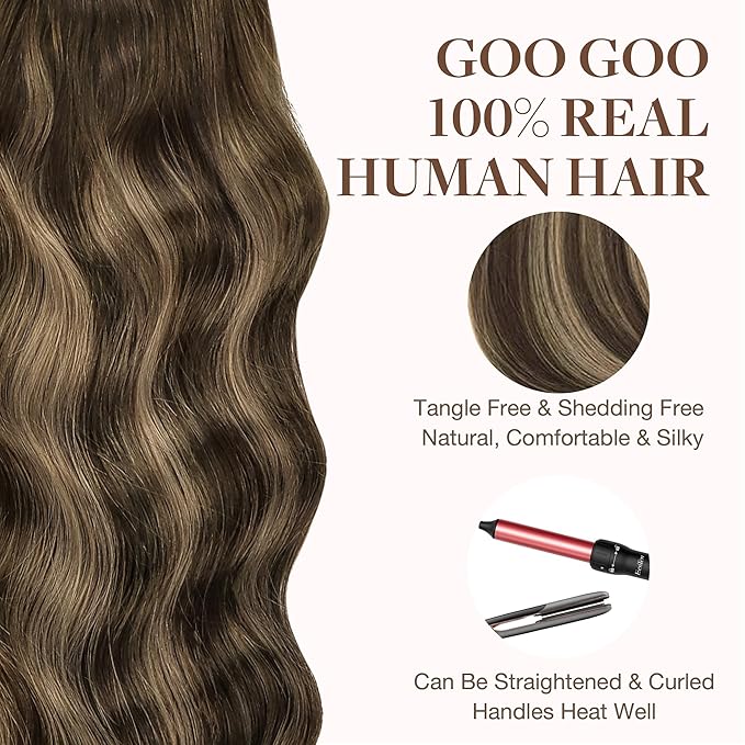 GOO GOO Tape in Hair Extensions Human Hair, 4/27/4 Balayage Chocolate Brown to Caramel Blonde, 24inch 100g 40pcs, Skin Weft Seamless Invisible, Silky Straight with Thick Ends, Remy Human Hair