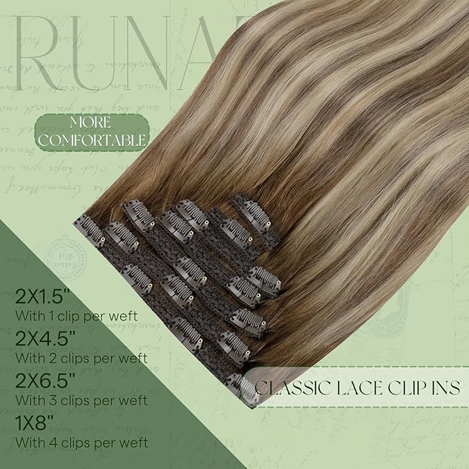 RUNATURE Balayage Clip in Hair Extensions Human Hair, Real Human Hair Clip in Extensions, Thick Remy Hair, Daily Wearing, Easy to Install, 12 Inch 80g 7pcs #3/8/22 Walnut Brown to Light Blonde