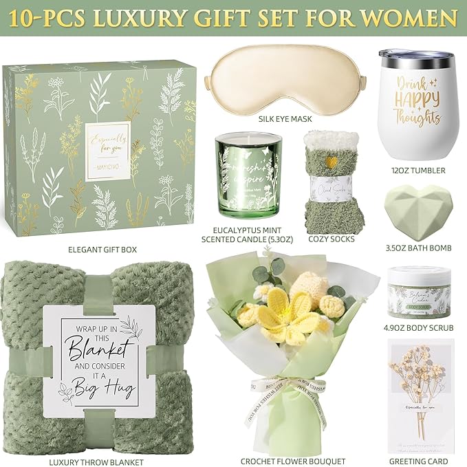Christmas Birthday Gifts for Women Self Care Package Get Well Soon Gift Baskets, Thinking of You Sympathy Spa Gift Set w/ Crochet Flower Bouquet, Unique Gifts for Women Mom Her Best Friend Sister Wife