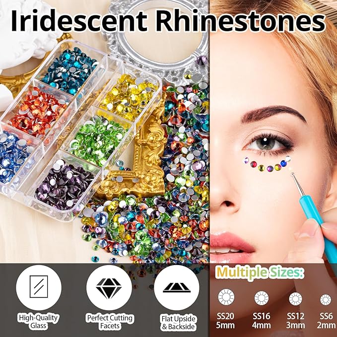 Colorful Face Gems for Makeup Set, Flatback Gorgeous Charming Mixed-Colored Chameleon Crystals with Makeup Glue+Picker Pencil+Tweezer+Dual-End Dotting Tool for Eye Body Hair Make-up and Nail Art Deco