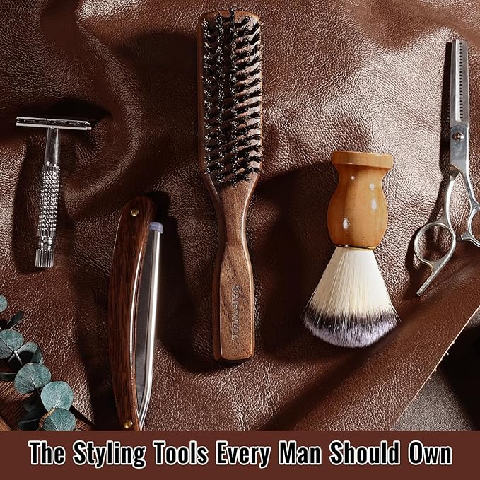 Mens Wild Boar Bristle Hair Brush for Men - Slick Back Hair Brush - Stiff Bristles for Thick Hair, Natural Black Walnut Wooden Handle Hairbrush, Beard Mustache Brush Comb by GAINWELL