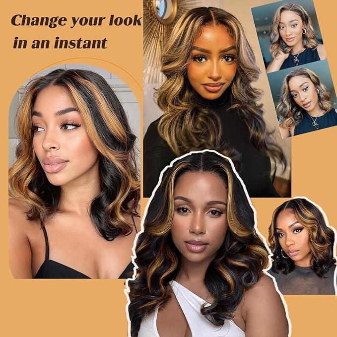 Bob Wig Human Hair 13x6 Balayage Highlight Body Wave HD Lace Front Wigs Human Hair Pre Plucked 200% Density Colored 1B/27 Ombre Honey Blonde Frontal Lace Wig 14 Inch Glueless Short Bob Wigs for Women