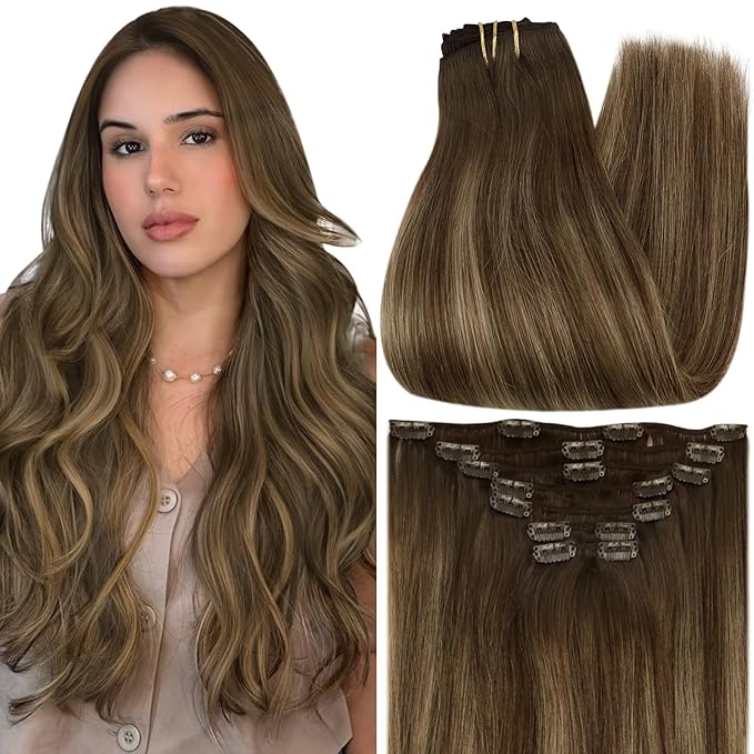 Full Shine Clip in Hair Extensions Balayage Medium Brown to Honey Blonde Hair Extensions Clip in Human Hair for Short Bob for Short Thin Hair 12 Inch 95 G 7 Pcs