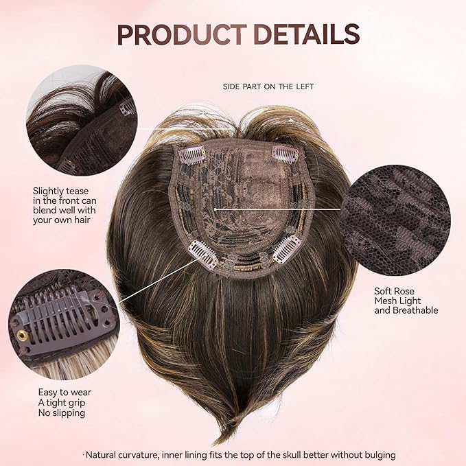 LEEONS Hair Toppers for Women with Bangs Short Bob Synthetic Pieces for Thinning Hair Side Part (Dark Brown with Highlights)