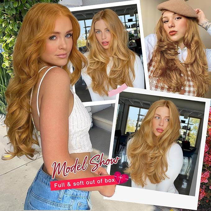 ALXNAN Long Wavy Hair Extensions for Women, Clip in Hair Extensions Clip Ins Soft Full Head Synthetic Hairpieces 20 Inch Honey Blonde