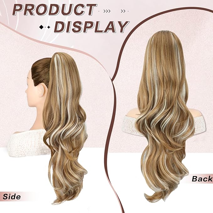 Ponytail Extension, Drawstring Ponytail Extension for Women 26 Inch Long Wavy Pony Tails Hair Extensions Synthetic Clip in Ponytail Hairpiece for Women Brown Mixed Blonde