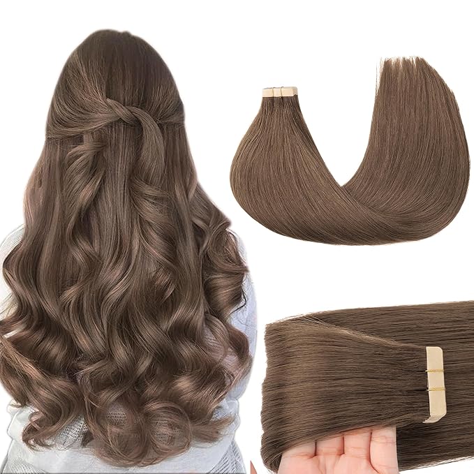 GOO GOO Tape in Hair Extensions Human Hair, 5 Light Ash Brown, 20inch 50g 20pcs, Skin Weft Seamless Invisible, Silky Straight with Thick Ends, Remy Human Hair