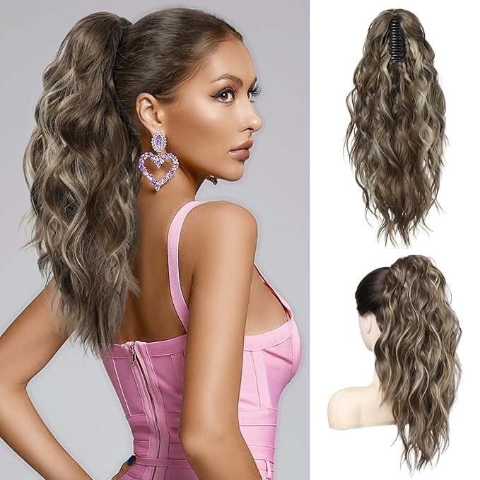 FLUFYMOOZ Wavy Curly Claw Clip Ponytail Extension, 18 Inch Natural Fake Ponytail Synthetic Hairpiece for Women (Medium Brown Ash Blonde)
