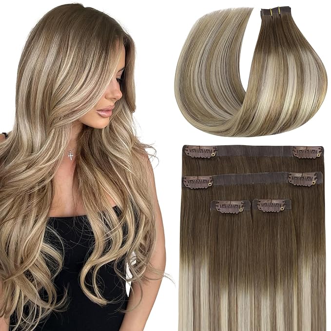Full Shine Seamless Clip in Hair Extensions Real Human Hair, Darker Brown to Ash Brown Highlight Medium Blonde Clip in Extensions with PU Weft for Women, 4Pcs 16Inch 65 grams