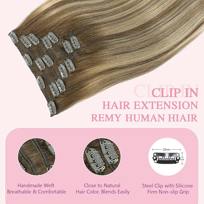 PINKPEARL Clip in Hair Extensions Human Hair, Remy Human Hair Clip ins for Women #4/27/4 Chocolate Brown to Caramel Blonde Balayage Clip Hair Extensions 7pcs 120g 16inch(#4/27/4-16)