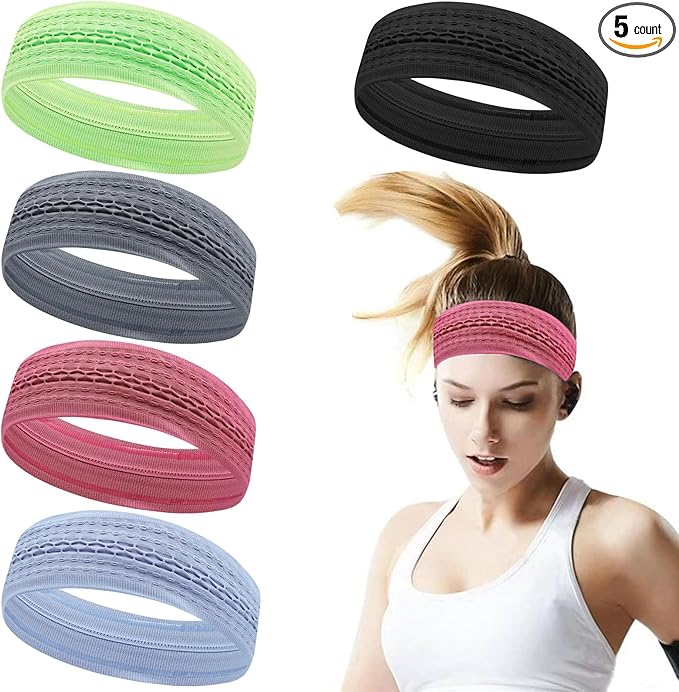 5PCS Wide Sport Headbands for Women Breathable Athletic Sweatbands Non Slip Silicone Fitness Headband Soft Elastic Exercise Hairbands for Yoga Running Sports Travel Indoor Gym