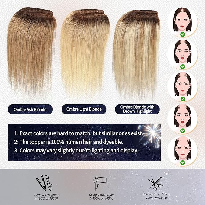 starluck Hair Toppers for Women Real Human Hair,6"*5.5"MONO Large Base, Real HumanHair Toppers for Women with Thinning,65g Hand-moven Topper,Gray Roots,High Volume,Ombre Blonde with Brown Highlight