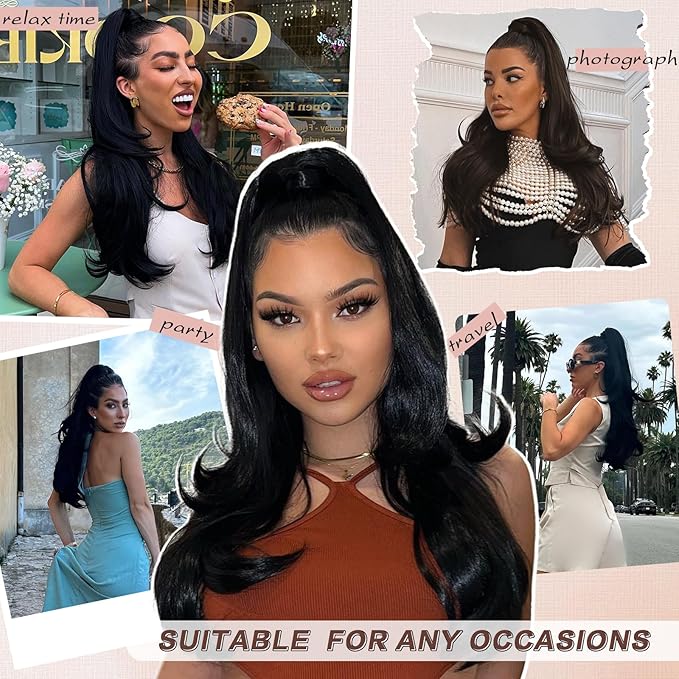 Ponytail Extension, Drawstring Ponytail Extension for Women 26 Inch Long Wavy Pony Tails Hair Extensions Synthetic Clip in Ponytail Hairpiece for Women(Bug)