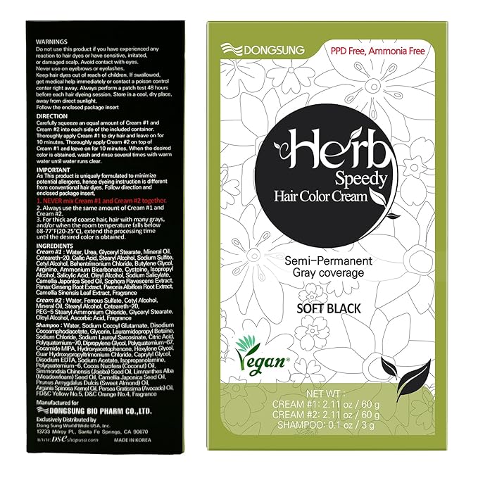 Dongsung Herb Speedy Color Cream Soft Black – Korean Herbal Vegan Hair Dye, PPD-Free, Ammonia-Free, Hypoallergenic – 100% Gray Coverage Odorless Dermatologically Tested Quick 20-Minute Application