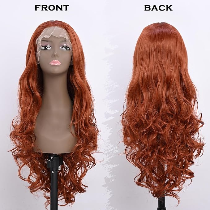 Long Copper Red Synthetic Lace Front Wig Heat Resistant Body Wave Lace Front Wavy Wigs Free Part Natural Hair Wig for Women 24 Inch Fashion Glueless (24 Inch, Copper Red)