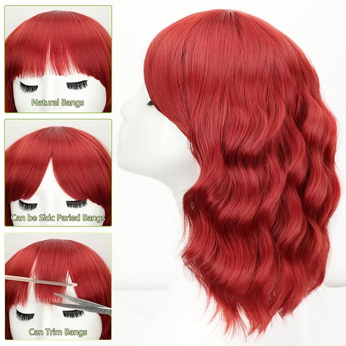 AISI HAIR Red Synthetic Wavy Curly Bob Wig with Bangs Short Wavy Hair for Women Synthetic Heat Resistant Bob Wigs