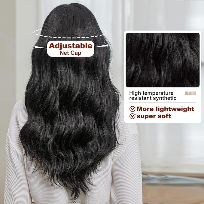 EMMOR Black Wigs for Women Long Curly Wigs With Bangs Water Wavy Synthetic Wig, Party Cosplay Daily Use