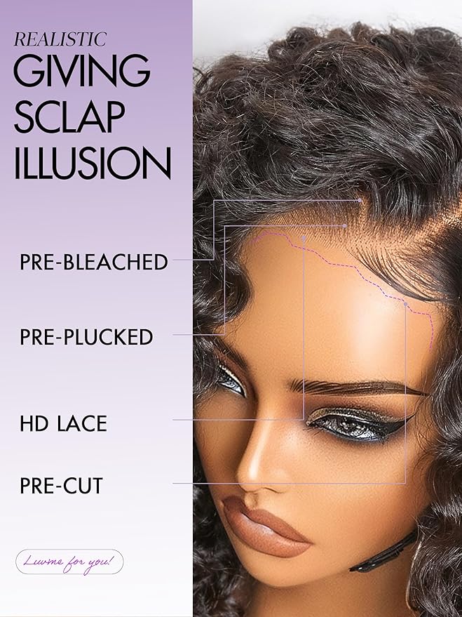 LUVME HAIR 100% Human Hair Wigs Curly Deep Wave Glueless Lace Front 12 Inches, Pre Cut Plucked Hd Lace Short Wig Ready To Go Natural Color Straight Bleached Knots Side Part Black Wigs