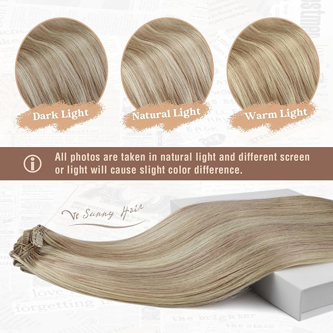 Ve Sunny Clip in Hair Extensions Real Human Hair Blonde Highlight Warm Color Remy Hair Clip on Hair Extensions for Women Short 5pcs 80g 12 inch