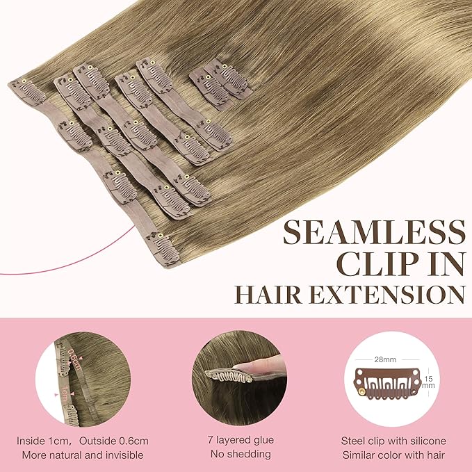GOO GOO Clip in Hair Extensions Real Human Hair, Remy Human Hair Extensions Clip ins for Women, Natural Human Hair, 24inch 120g 7Pcs, 7 Bronde