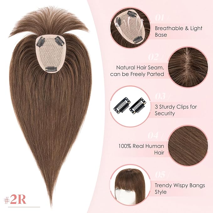 Hairro Human Hair Toppers with Wispy Bangs, 3.5x4.7" Hand-wovened Base for Women with Thinning Hair, Lightweight & Breathable Realistic Scalp, Clip-in Hairpieces for Easy Wear, 15 Inch Dark Brown