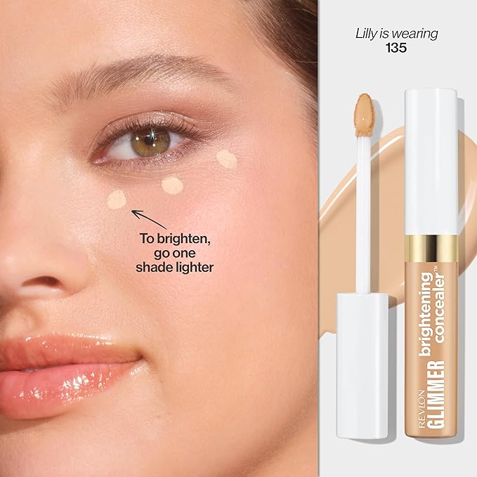 Revlon Glimmer Brightening Concealer, Liquid Under Eye Makeup, Made with Caffeine, Vitamin C, & Stevioside, 135, 0.3 fl oz