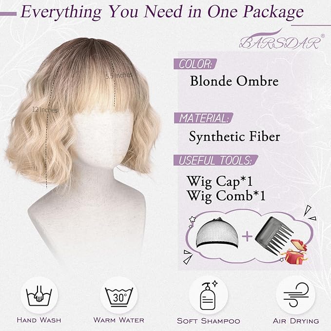 BARSDAR Blonde Ombre Short Wavy Wig with Bangs - Short Wavy Blonde Ombre Wig for Women - Fluffy Soft Synthetic Dark Roots Curly Textured French Bob Wigs with Bangs Natural Looking Face-Framing