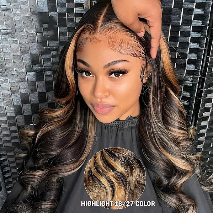 30 Inch Balayage 13x6 Ombre Lace Front Wig Human Hair Colored 1b/27 Honey Blonde Highlight Body Wave Lace Front Wigs Human Hair 200 Density HD Lace Frontal Wigs Pre Plucked Glueless Wigs for Women