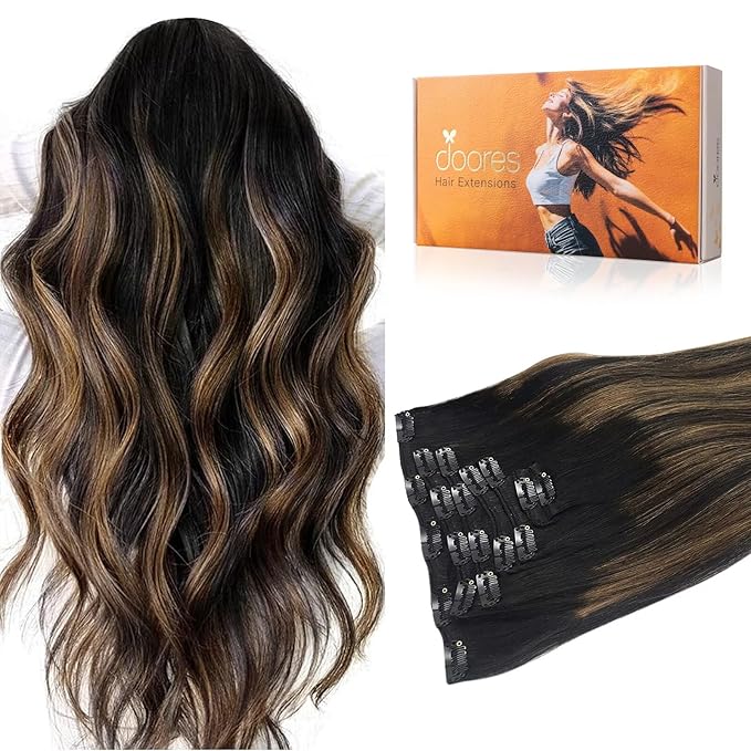 DOORES Clip in Hair Extensions Human Hair Extensions, Balayage Natural Black to Chestnut Brown 16 Inch 7pcs 120g Real Hair Extensions Straight Thick Natural Human Hair Extensions