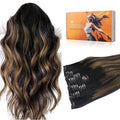 DOORES Real Human Hair Extensions, Balayage Natural Black to Chestnut Brown 12 Inch 80g 7pcs, Remy Clip in Hair Extensions Straight