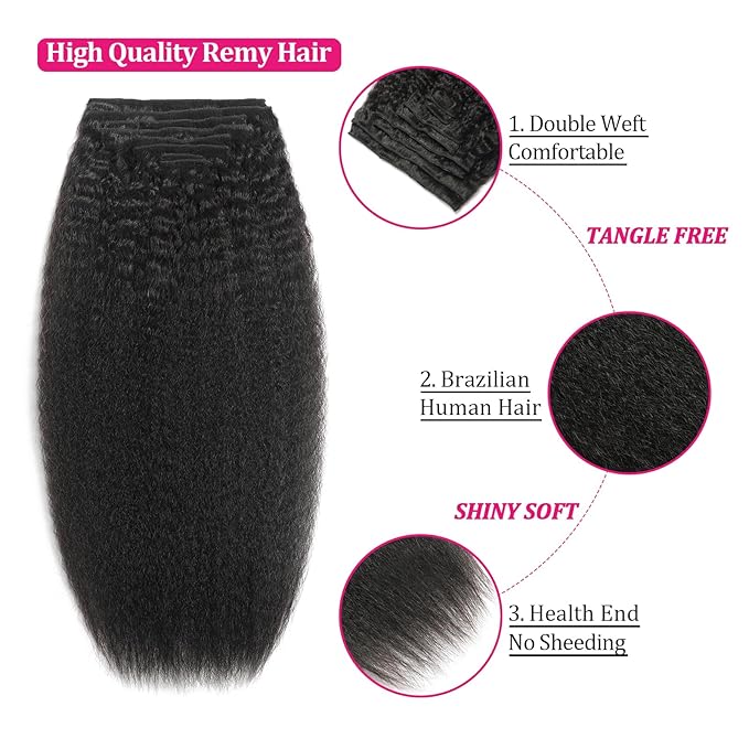 Kinky Straight Clip in Human Hair Extensions for Black Women 8Pcs 120g Seamless Kinky Straight Clip Ins 18Clips Double Weft Human Hair Full Head Hair Extensions (1B 22 Inch)