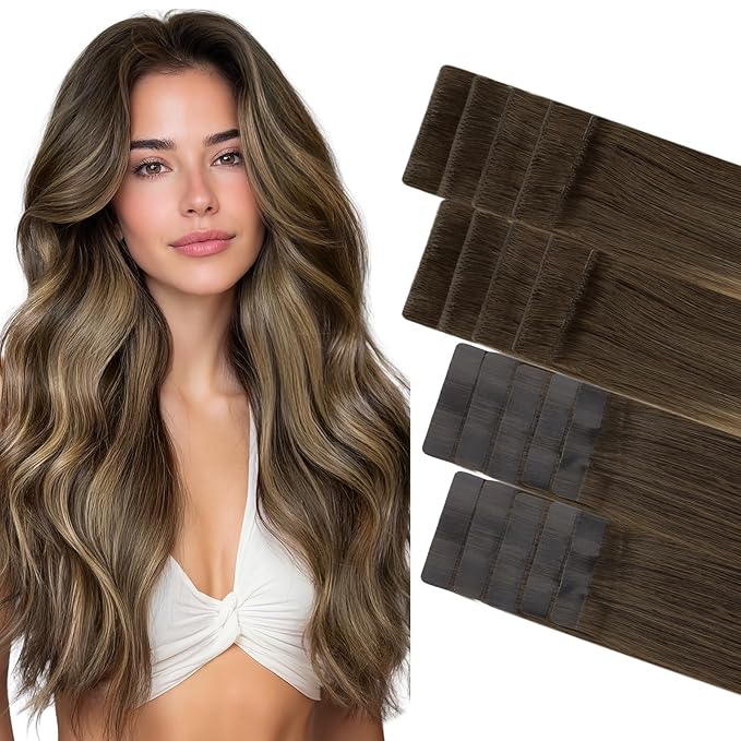GOO GOO Invisi Edge Tape in Hair Extensions Human Hair, 4/27/4 Balayage Chocolate Brown to Caramel Blonde 10pcs injected with 10pcs classical tape ins, 18inch 50g, Virgin Remy Hair, Natural Look