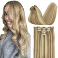 DOORES Clip in Hair Extensions Human Hair, 5pcs 75g Balayage Light Blonde Highlighted Golden Blonde 14 Inch Human Hair Extensions Clip in Remy Hair Extensions Straight Natural Hair