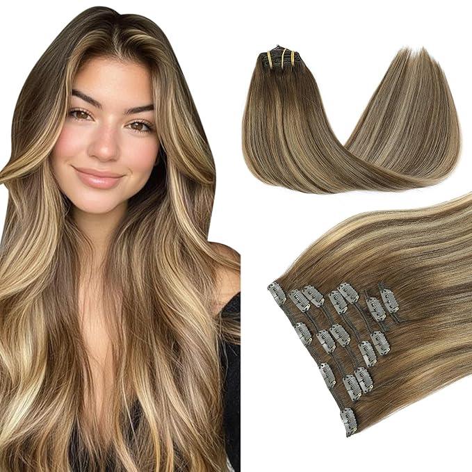 PINKPEARL Clip in Hair Extensions Human Hair, Remy Human Hair Clip ins for Women #4/27/4 Chocolate Brown to Caramel Blonde Balayage Clip Hair Extensions 7pcs 120g 16inch(#4/27/4-16)