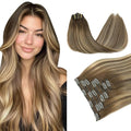 PINKPEARL Clip in Hair Extensions Human Hair, Remy Human Hair Clip ins for Women #4/27/4 Chocolate Brown to Caramel Blonde Balayage Clip Hair Extensions 7pcs 120g 16inch(#4/27/4-16)