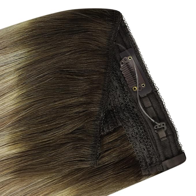 YoungSee 130G Invisible Wire Hair Extensions Light Brown Wire Hair Extensions Real Human Hair Ombre Walnut Brown to Light Brown Blonde Human Hair Fish Line Long Straight Hair 22inch