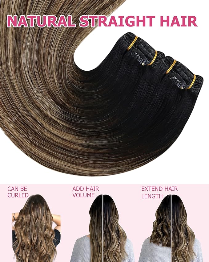 YoungSee 135G Hair Extensions Clip ins Ombre Black Clip in Hair Extensions Real Human Hair Balayage Natural Black Fading to Brown with Caramel Blonde Clip on Hair Extension Human Hair 7Pcs 16Inch