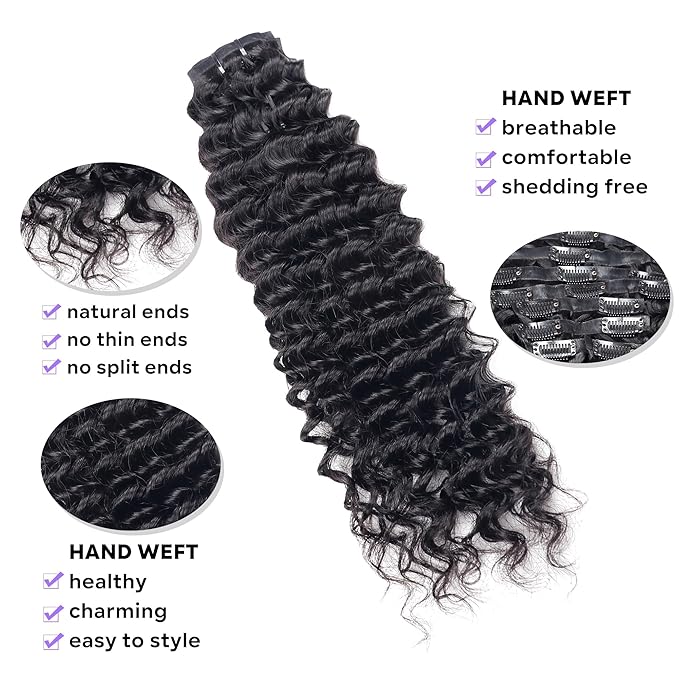 Seamless Clip in Hair Extensions Human Hair Deep Wave Clip ins for Black Women 8Pcs Brazilian Virgin Human Hair Clip in Extensions PU Skin Weft 18Clips 120g 14inch Natural Black