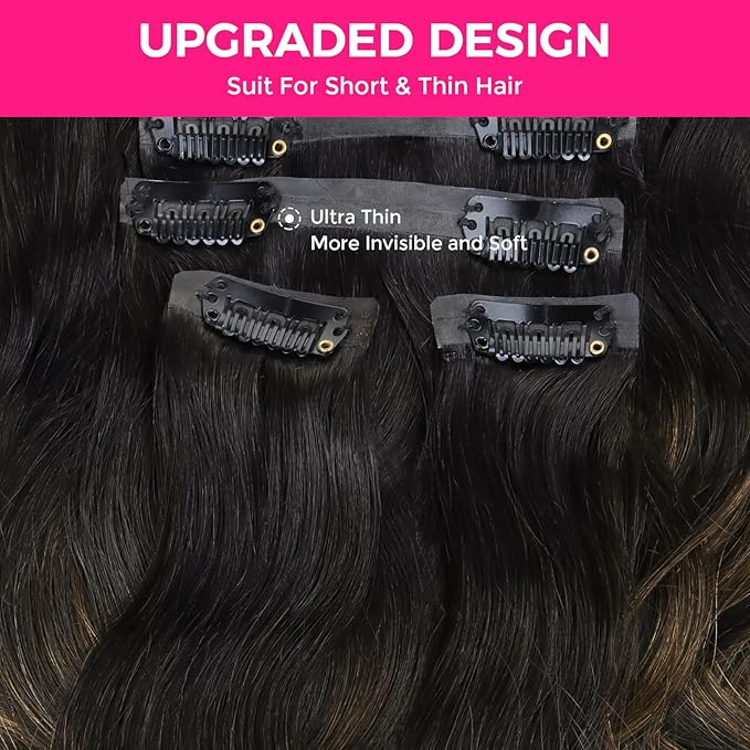 Lashey Seamless Clip in Hair Extensions Human Hair Natural Black Mixed Chestnut Brown Body Wave Clip in Hair Extensions with Invisi Edge 7pcs 110g 22 Inch