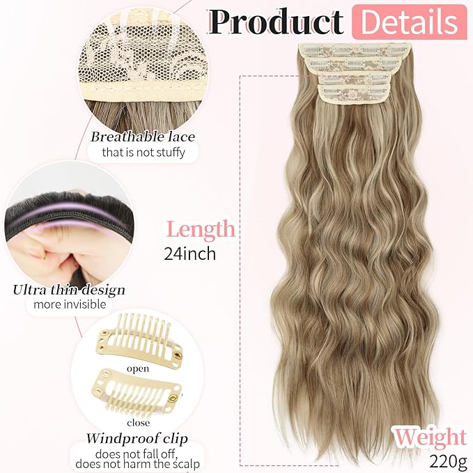 KooKaStyle Clip in Hair Extensions Long Wavy 4PCS Thick Hairpieces Synthetic Ash Blonde Balayage Fiber Double Weft Natural Hair Extensions for Women 24 Inch Daily Use
