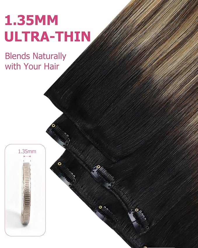 YoungSee 150G Balayage Clip in Hair Extensions Black Ombre Human Hair Clip in Extensions Natural Black Roots to Brown with Caramel Blonde Clip ins Extensions Real Human Hair 7Pcs 20Inch
