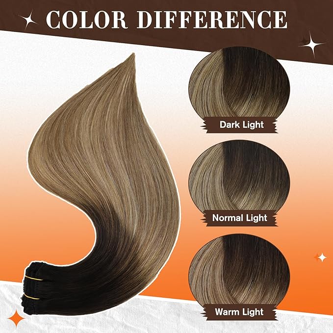 Full Shine Real Hair Clip in Extensions 20 Inch Clip in Hair Extensions Balayage Black Ombre to Blonde Mix Brown Remy Soft Hair Lace Weft Long Straight Hair 3 PCS 60 Grams