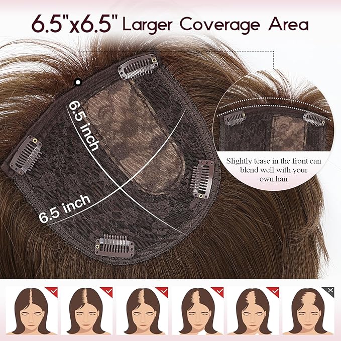 EMMOR 12 Inch Human Hair Topper for Women - Real Hair Topper with Bangs & 6.5" × 6.5" Larger Base, Natural Thin Hair Solution for Women(Brown)
